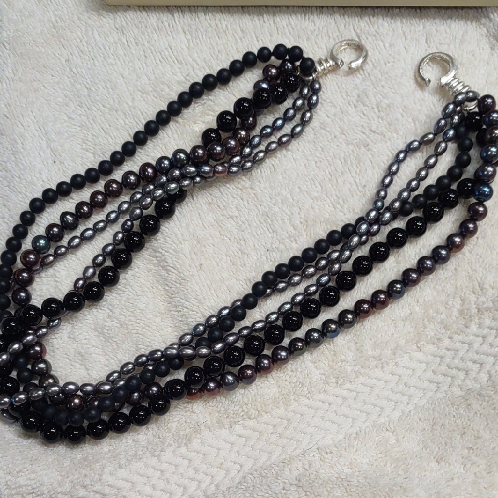 Black Onyx Multi-Strand, Black Gray Pearl Bead Necklace - Picture 2 of 8